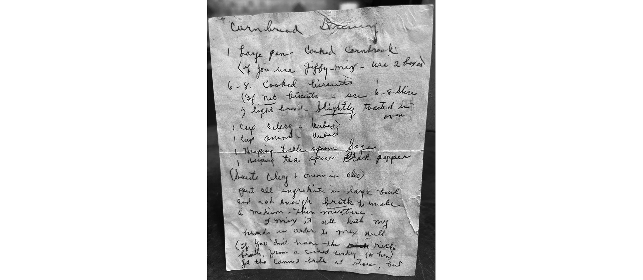 A picture of a handwritten cornbread stuffing recipe from Byron Walker's grandma Barbara. 